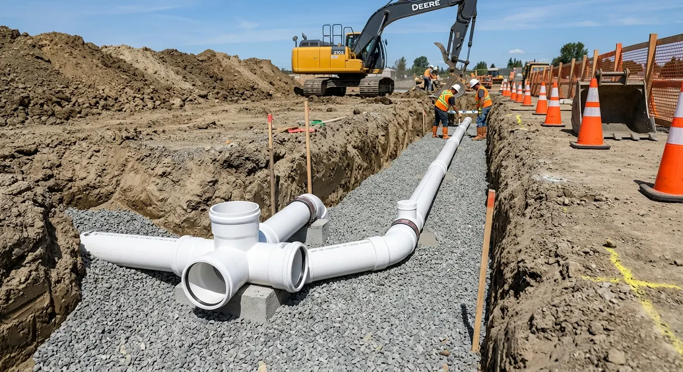 New PVC sewer pipe installation in open trench for Commercial Drain Cleaning in Zephyrhills