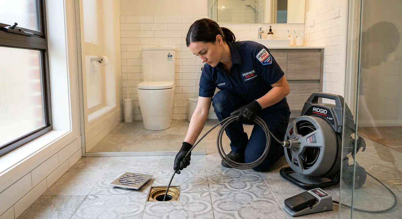 Technician clearing a bathroom floor drain for Drain Cleaning in Zephyrhills